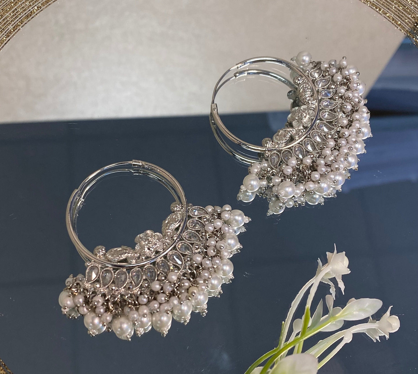 Silver Crystal Pearl Indian Hoop Earring/Indian Earrings/Indian Jewellery/Silver Jewellery/Valentines gifts