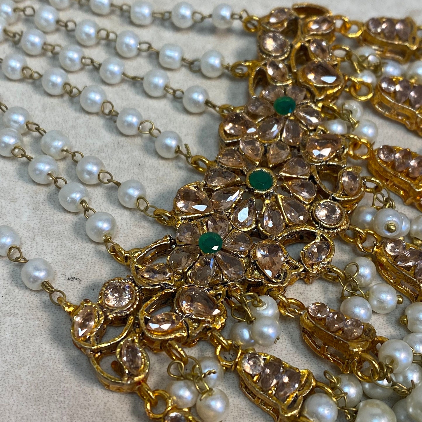 Extra Large Jhumar/Green/Gold Plated/Green Bead/Champagne zircon crystal/ Bright Gold/ Jhoomar / Passa/ Indian/ Pakistani Style/Head Piece