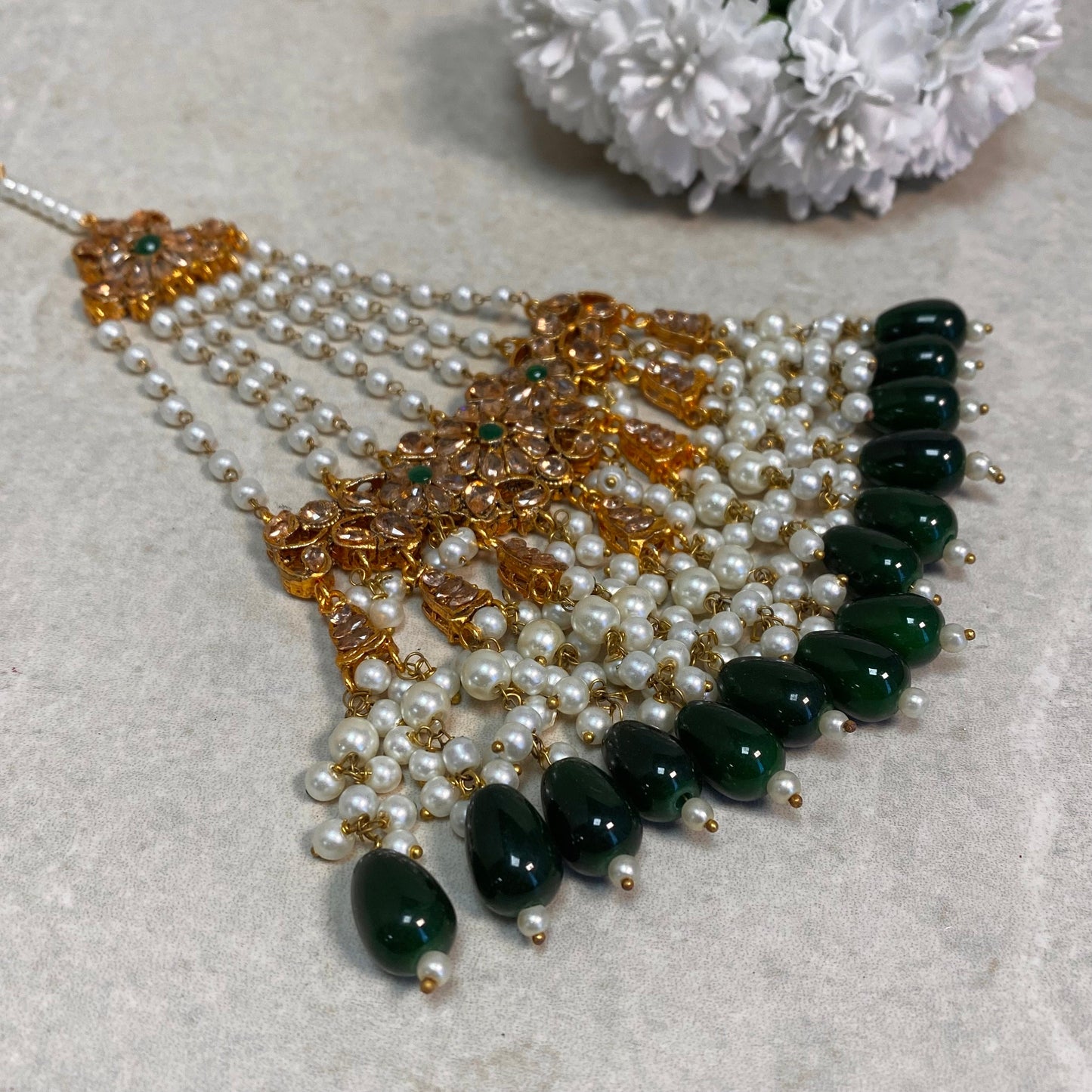 Extra Large Jhumar/Green/Gold Plated/Green Bead/Champagne zircon crystal/ Bright Gold/ Jhoomar / Passa/ Indian/ Pakistani Style/Head Piece