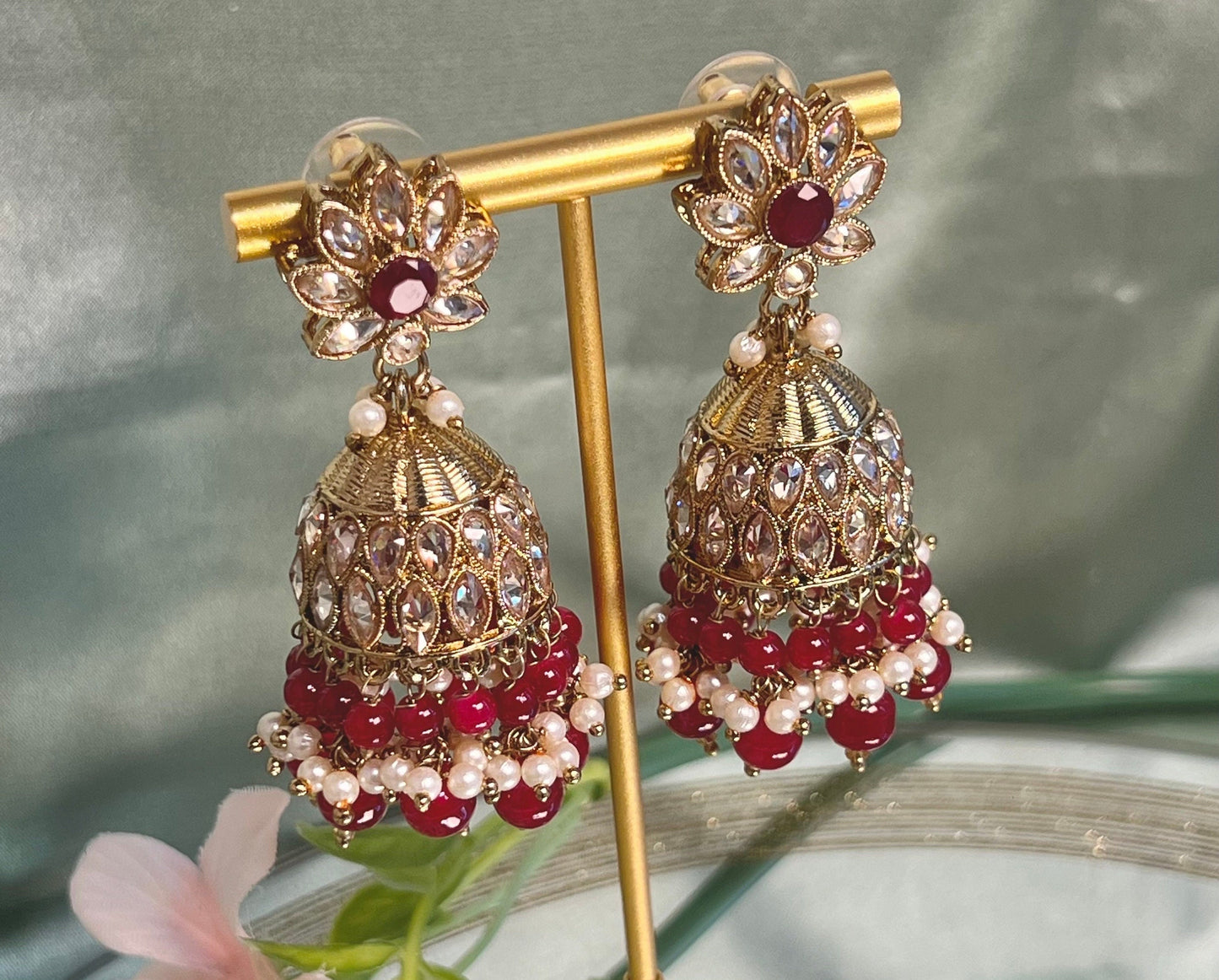Medium Maroon Crystal Indian Jhumka Earrings/Jhumkis/ Fashion Jewellery/ Gift for Women/Indian/Antique Gold Earrings/Pakistani style