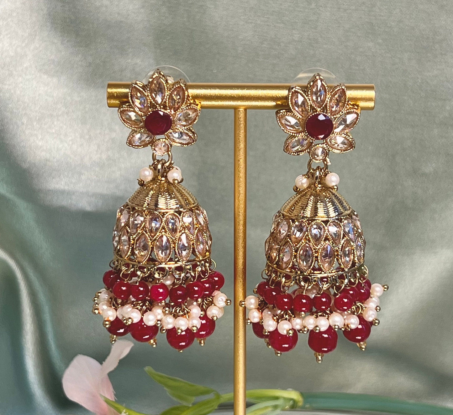 Medium Maroon Crystal Indian Jhumka Earrings/Jhumkis/ Fashion Jewellery/ Gift for Women/Indian/Antique Gold Earrings/Pakistani style
