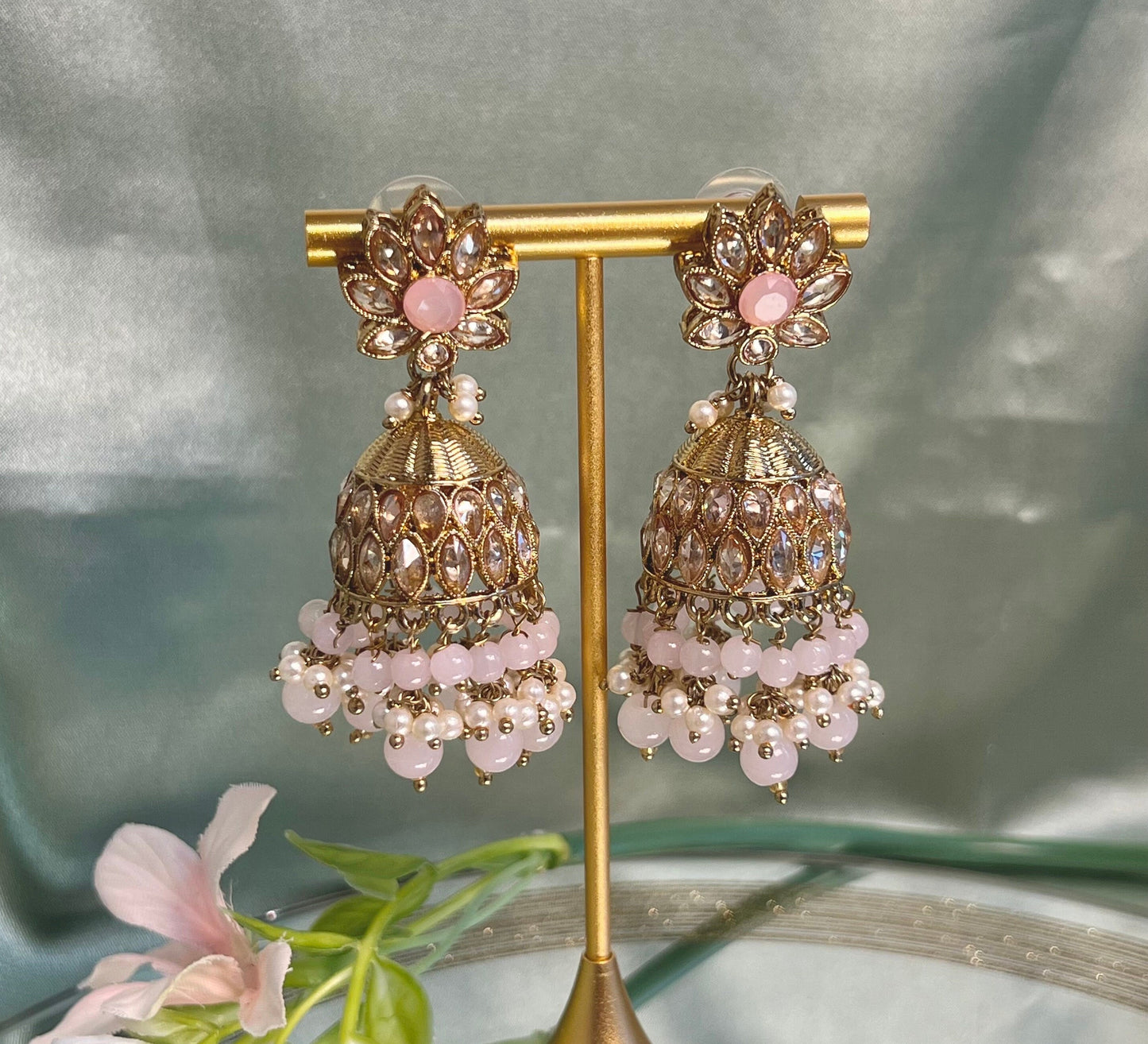Medium Light Pink Crystal Indian Jhumka Earrings/Jhumkis/ Fashion Jewellery/ Gift for Women/Indian/Antique Gold Earrings/Valentines gifts
