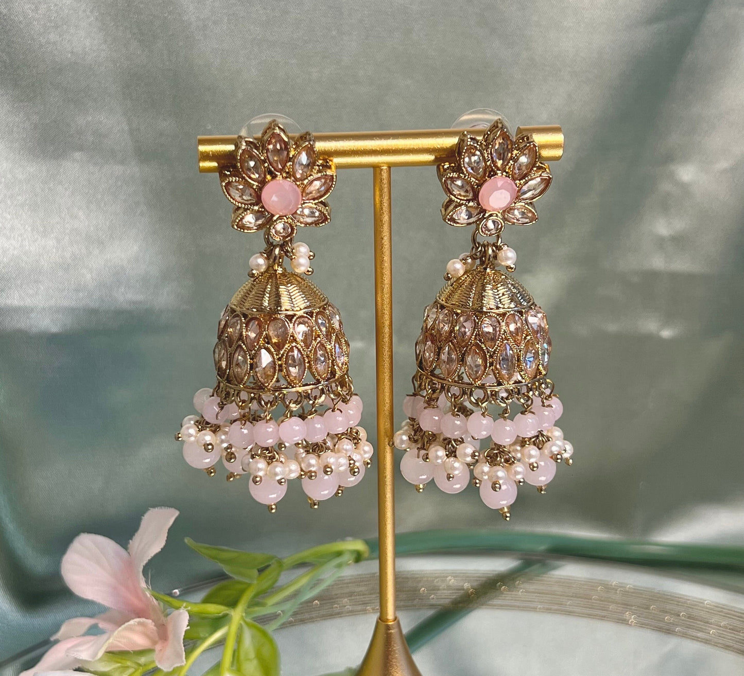 Medium Light Pink Crystal Indian Jhumka Earrings/Jhumkis/ Fashion Jewellery/ Gift for Women/Indian/Antique Gold Earrings/Valentines gifts