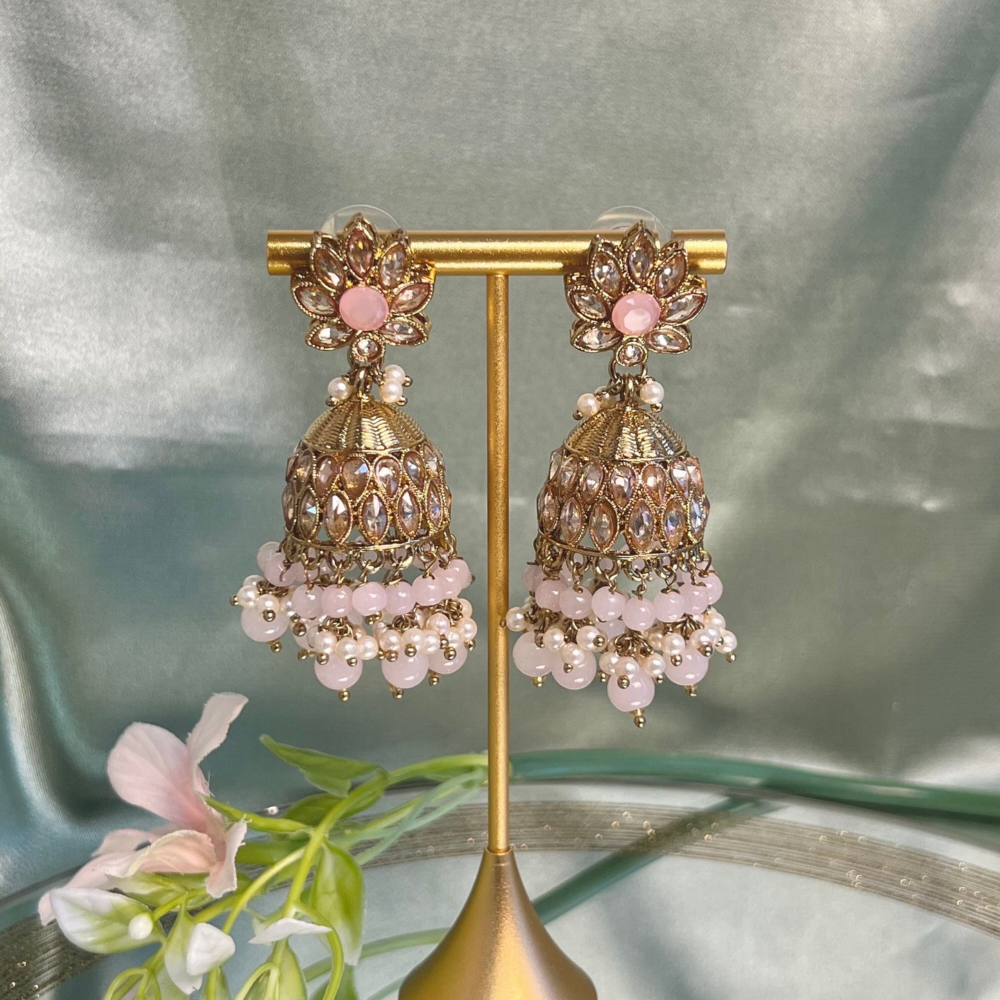 Medium Light Pink Crystal Indian Jhumka Earrings/Jhumkis/ Fashion Jewellery/ Gift for Women/Indian/Antique Gold Earrings/Valentines gifts