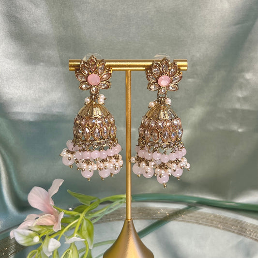 Medium Light Pink Crystal Indian Jhumka Earrings/Jhumkis/ Fashion Jewellery/ Gift for Women/Indian/Antique Gold Earrings/Valentines gifts