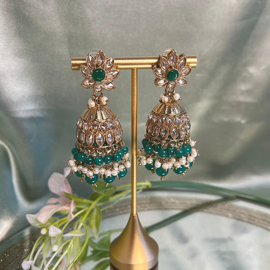 Medium Teal Crystal Indian Jhumka Earrings/Jhumkis/ Fashion Jewellery/ Gift for Women/Indian/Antique Gold Earrings/Pakistani style
