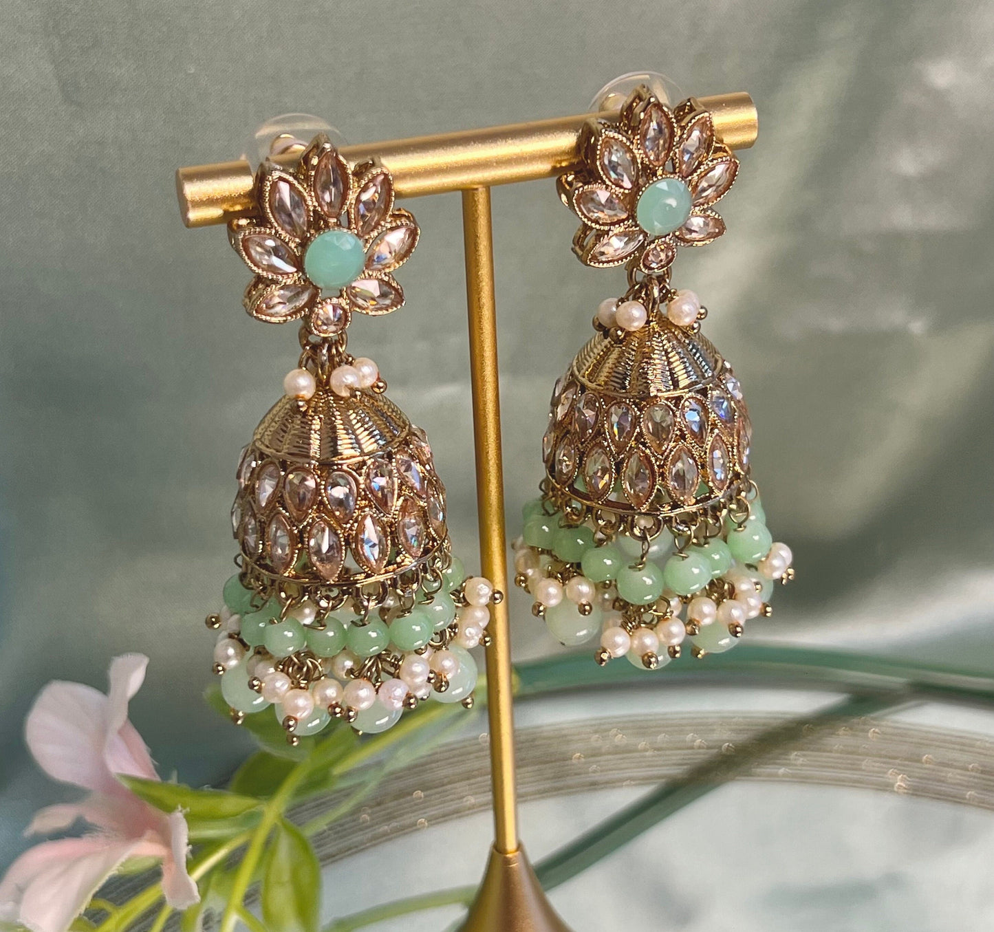 Medium Mint Crystal Indian Jhumka Earrings/Jhumkis/ Fashion Jewellery/ Gift for Women/Indian/Antique Gold Earrings/Pakistani style