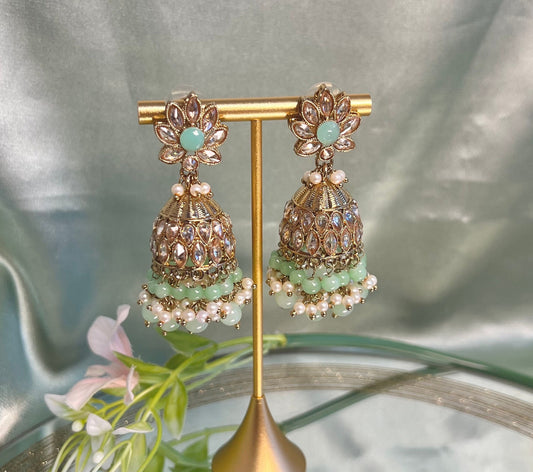 Medium Mint Crystal Indian Jhumka Earrings/Jhumkis/ Fashion Jewellery/ Gift for Women/Indian/Antique Gold Earrings/Pakistani style