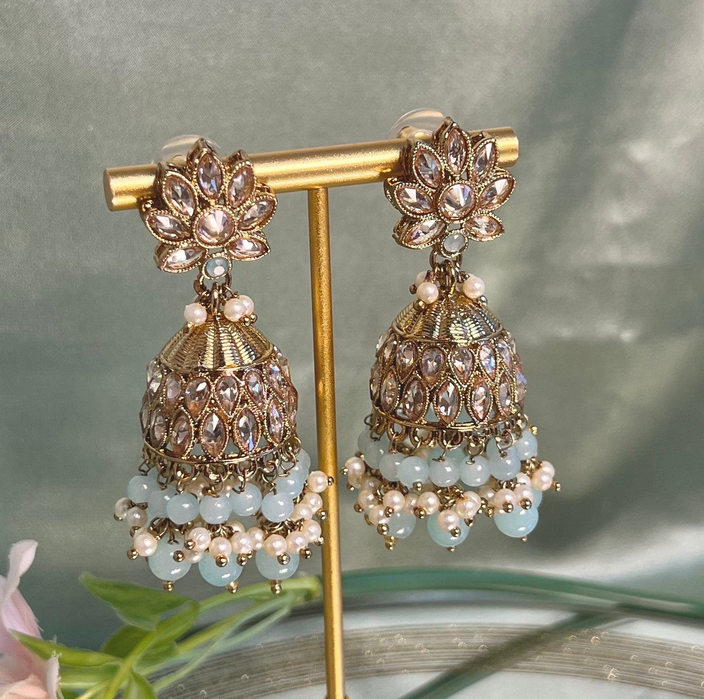 Medium Light Blue Crystal Indian Jhumka Earrings/Jhumkis/ Fashion Jewellery/ Gift for Women/Indian/Antique Gold Earrings/Pakistani style