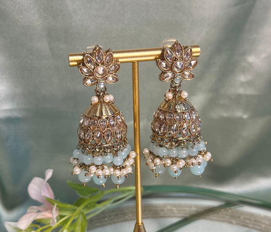 Medium Light Blue Crystal Indian Jhumka Earrings/Jhumkis/ Fashion Jewellery/ Gift for Women/Indian/Antique Gold Earrings/Pakistani style