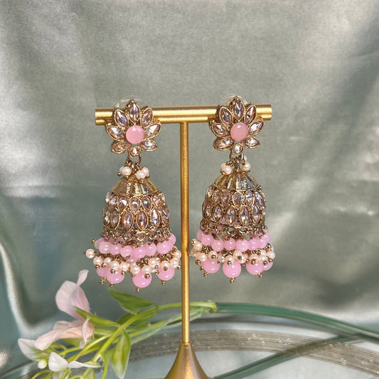 Medium Pink Crystal Indian Jhumka Earrings/Jhumkis/ Fashion Jewellery/ Gift for Women/Indian/Antique Gold Earrings/Pakistani style