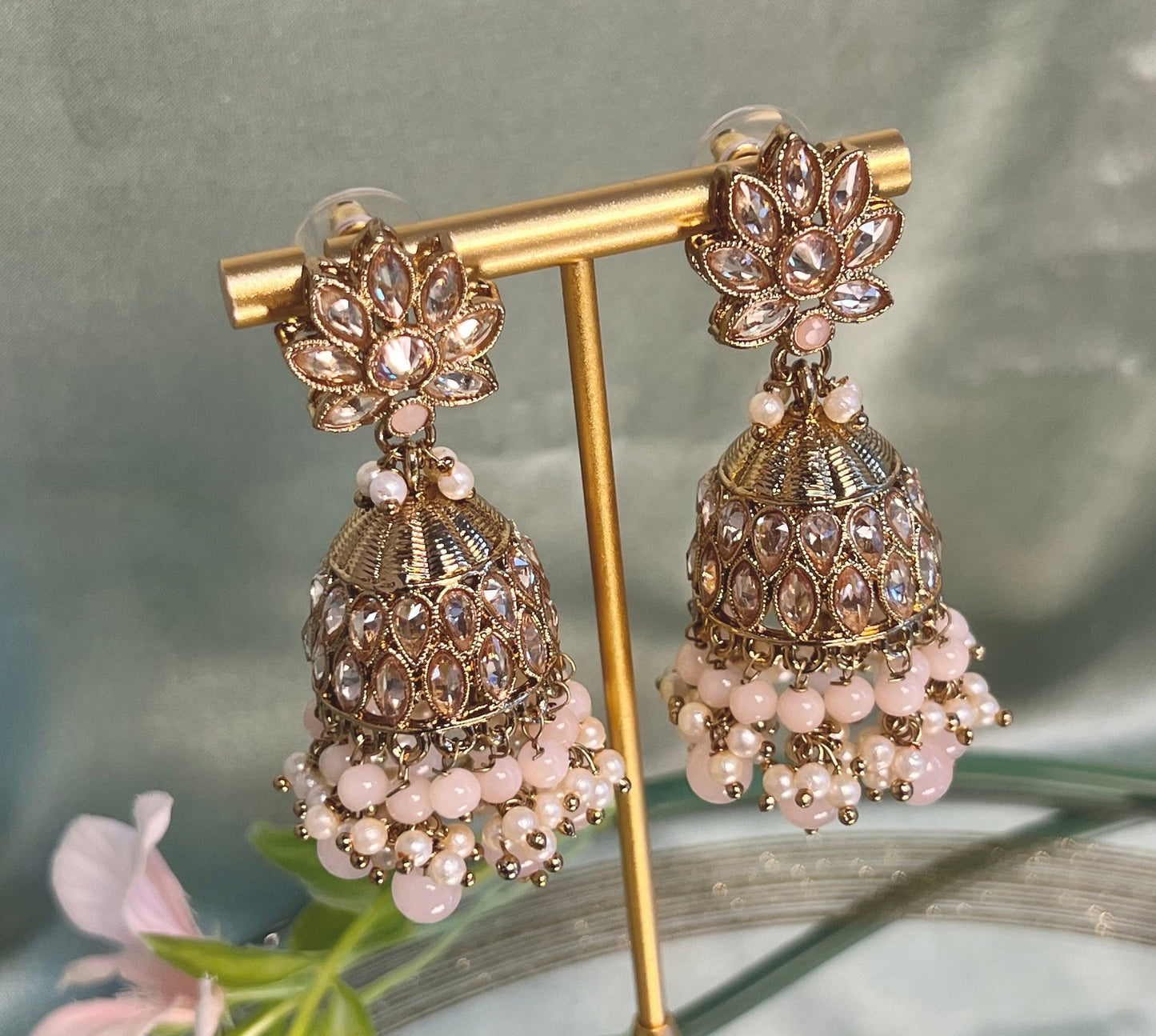 Medium Light Peach Crystal Indian Jhumka Earrings/Jhumkis/ Fashion Jewellery/ Gift for Women/Indian/Antique Gold Earrings/Valentines gifts