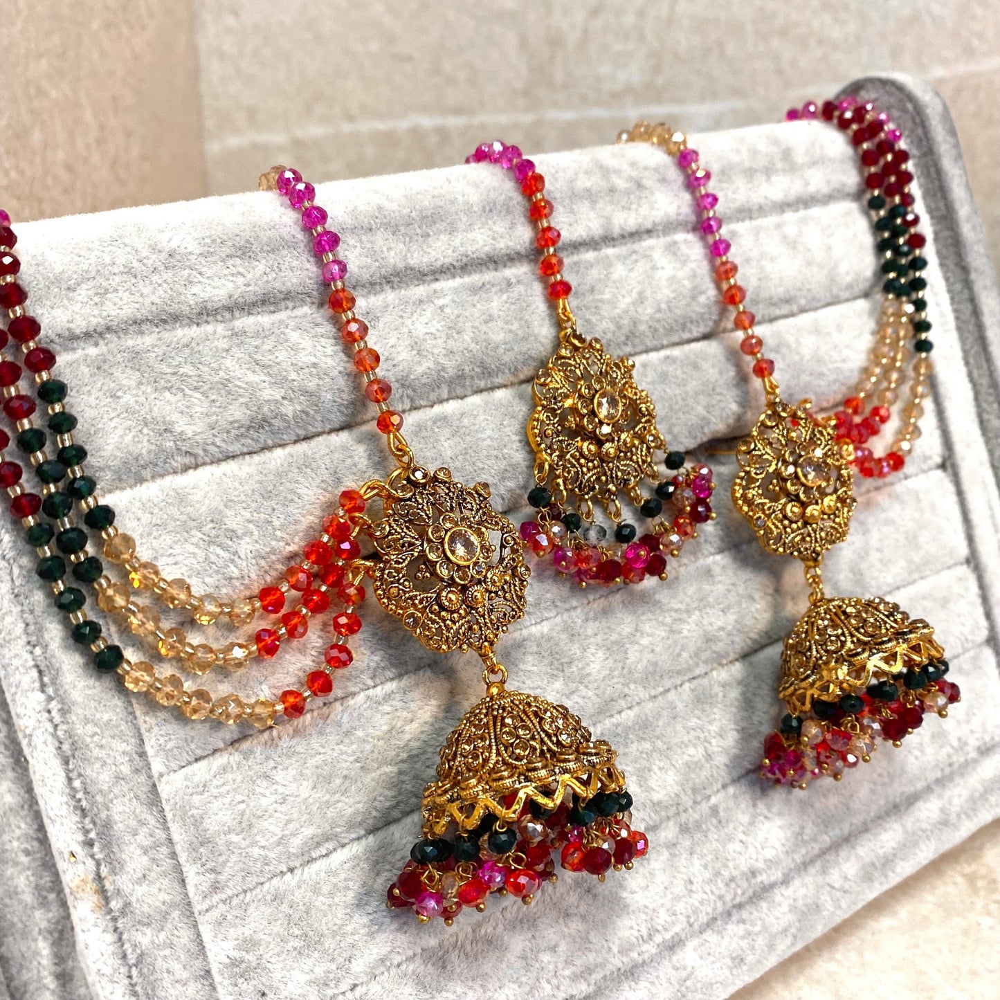 Gold Mendhi Multicolour Earrings and Tikka/Indian Mehendi Night Earrings/Fashion Jewellery/ Gift for Women/Indian/Pakistani style