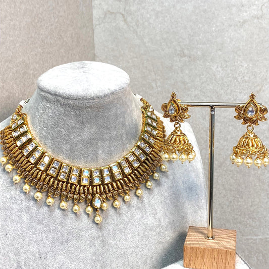 Antique Gold Temple Gold Set-Vintage Design Jhumka Earring/ Pearl Detail Indian/ Pakistani/Fashion Jewellery/ Gift for Women Asian Jewellery