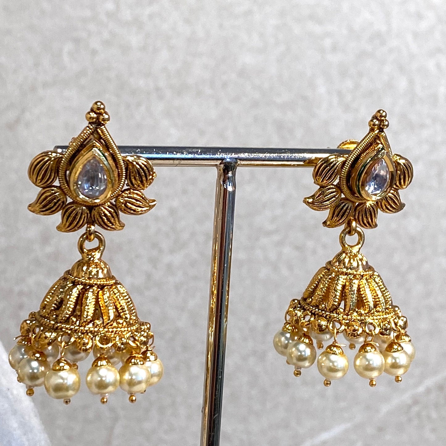 Antique Gold Temple Gold Set-Vintage Design Jhumka Earring/ Pearl Detail Indian/ Pakistani/Fashion Jewellery/ Gift for Women Asian Jewellery