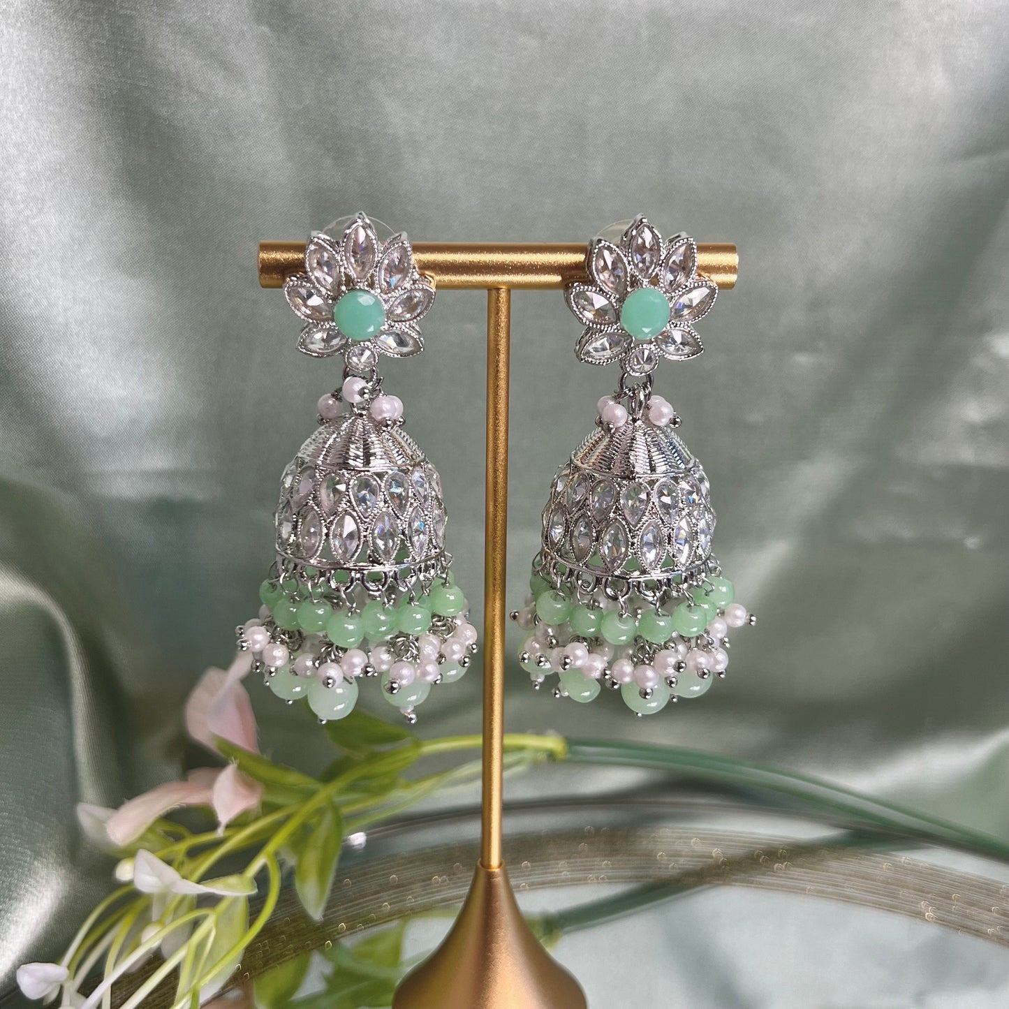 Medium Mint Crystal Indian Jhumka Earrings/Jhumkis/ Fashion Jewellery/ Gift for Women/Indian/Antique Gold Earrings/Valentines gifts