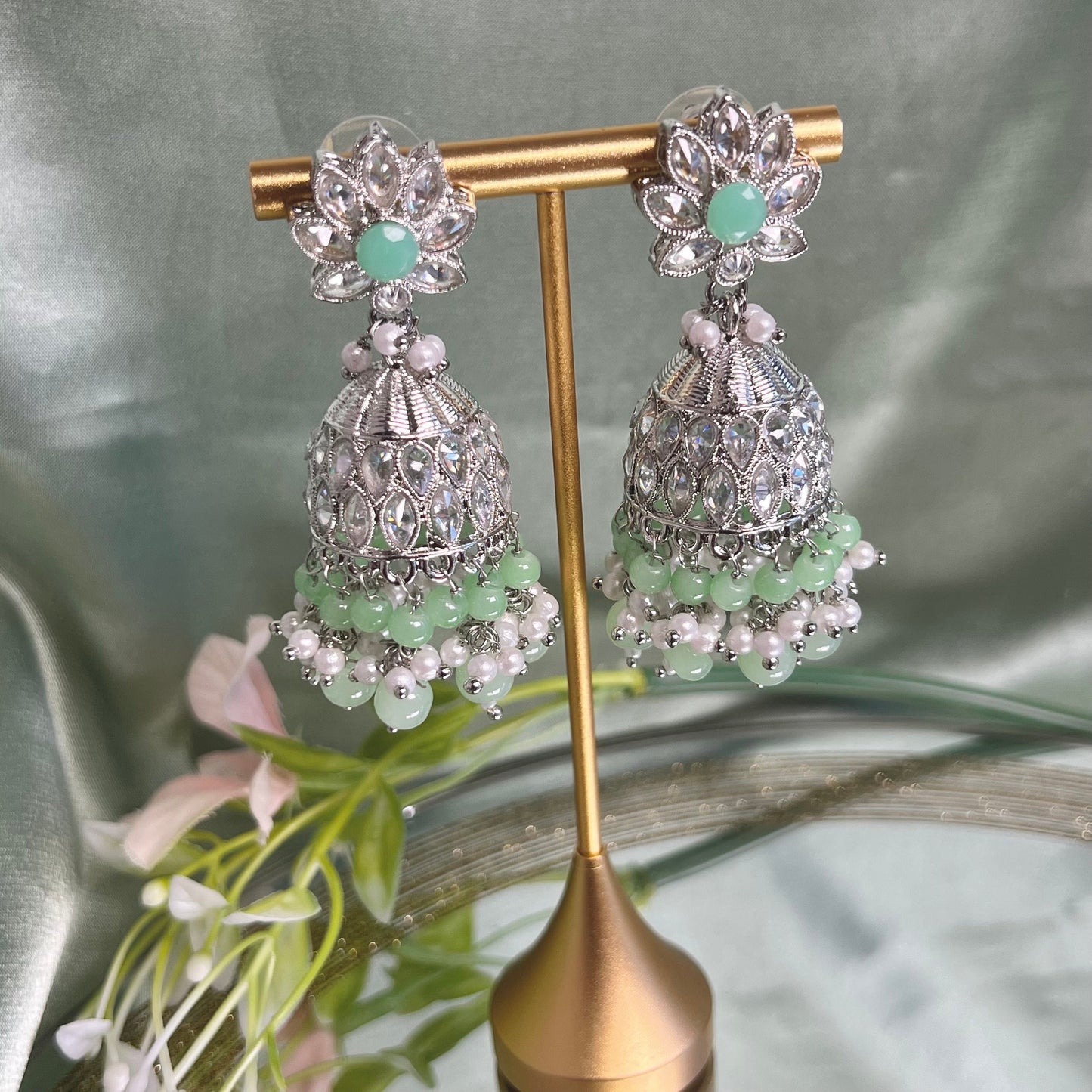 Medium Mint Crystal Indian Jhumka Earrings/Jhumkis/ Fashion Jewellery/ Gift for Women/Indian/Antique Gold Earrings/Valentines gifts