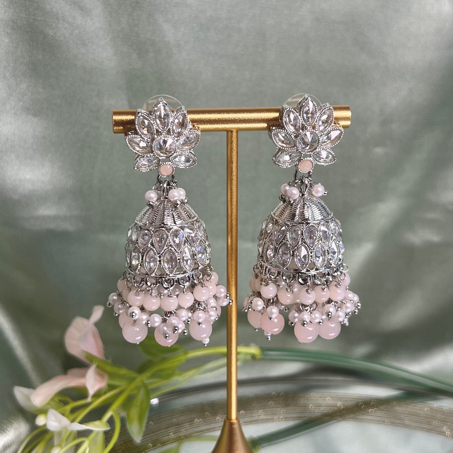 Medium Silver/Light Peach Crystal Indian Jhumka Earrings/Jhumkis/ Fashion Jewellery/ Gift for Women/Indian/Valentines gifts