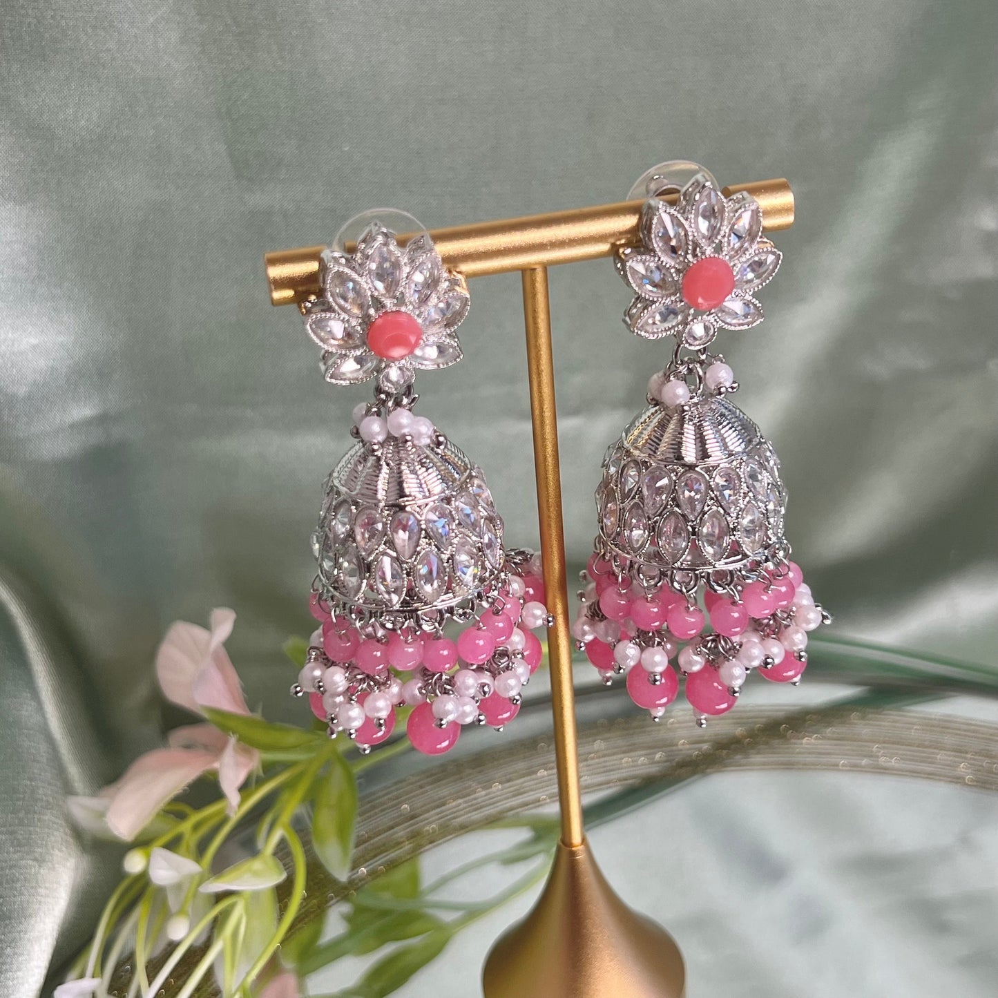 Medium Silver/Pink Crystal Indian Jhumka Earrings/Jhumkis/ Fashion Jewellery/ Gift for Women/Indian/Pakistani style/Valentines gifts