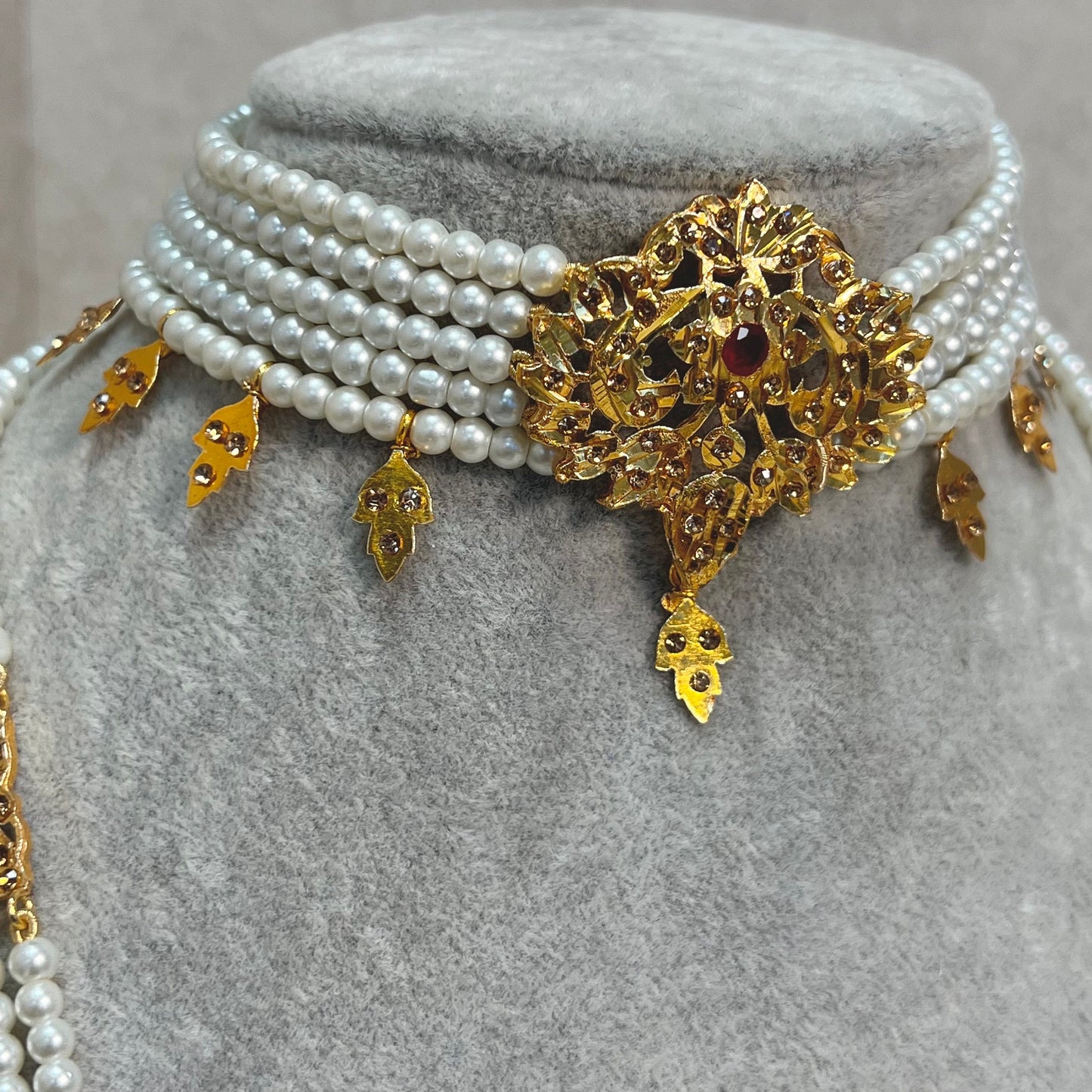 Gold Plated Pearl Bridal Choker Set- With Choker, Mala, Jhumka Earring, Tikka, Jhumar/ Indian/ Pakistani Style/ Maroon Detail (Imperfect)