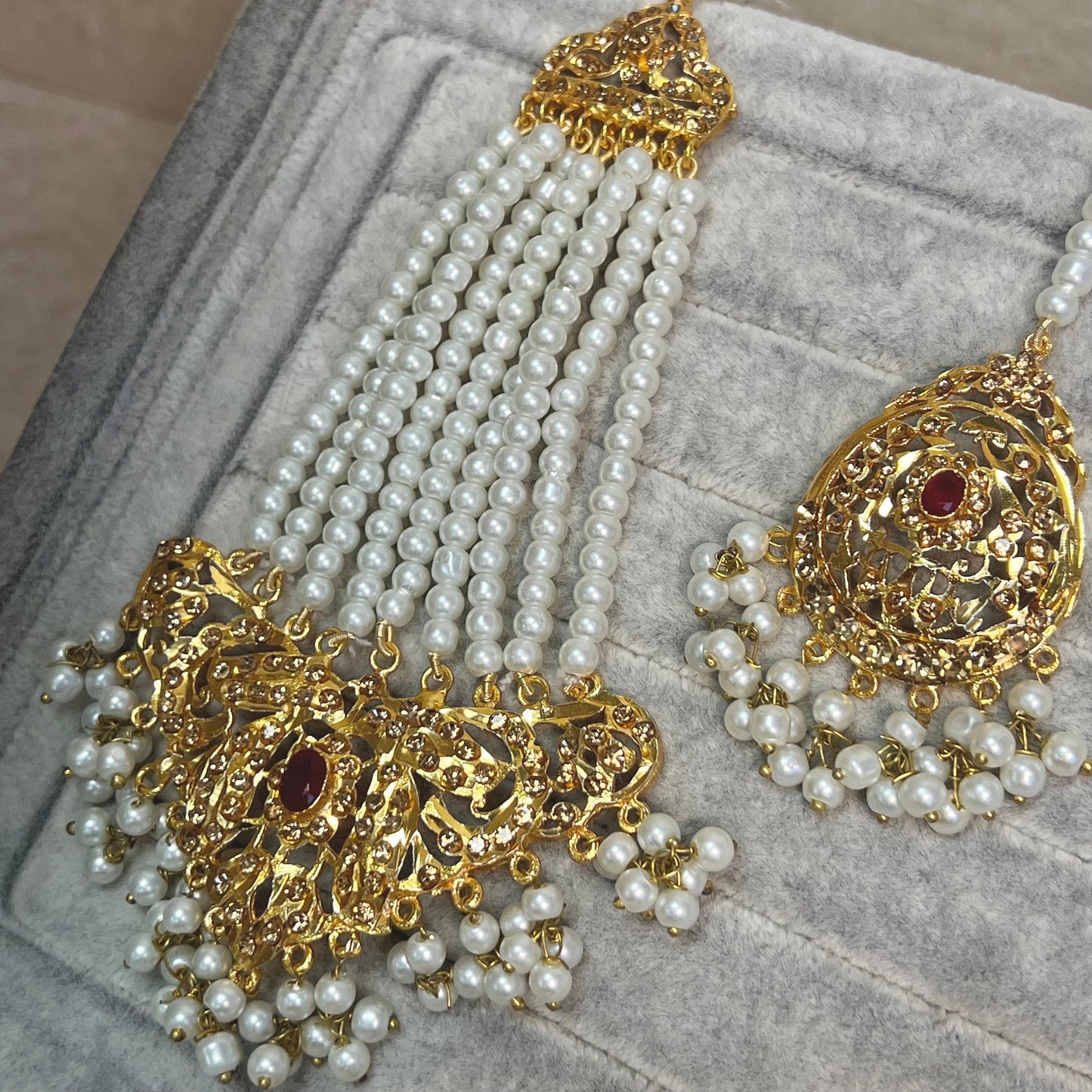 Gold Plated Pearl Bridal Choker Set- With Choker, Mala, Jhumka Earring, Tikka, Jhumar/ Indian/ Pakistani Style/ Maroon Detail (Imperfect)