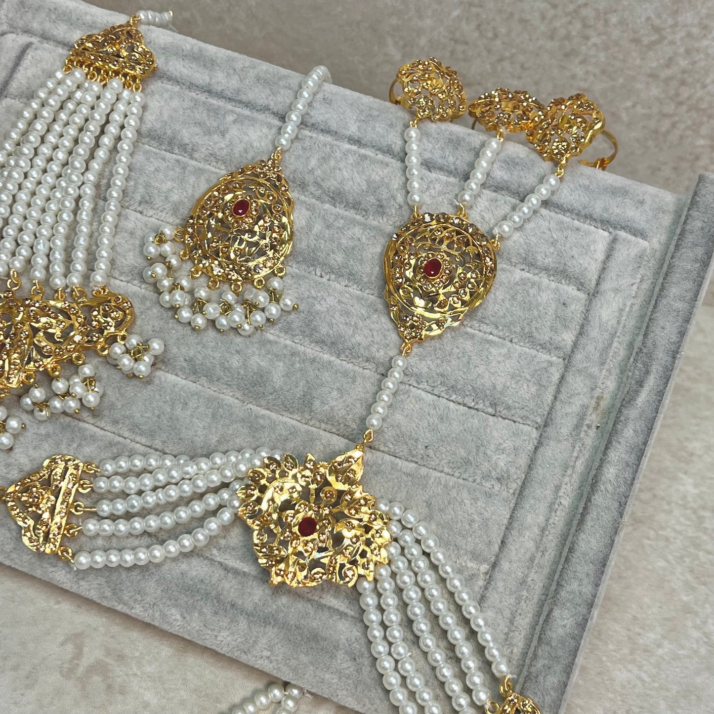 Gold Plated Pearl Bridal Choker Set- With Choker, Mala, Jhumka Earring, Tikka, Jhumar/ Indian/ Pakistani Style/ Maroon Detail (Imperfect)