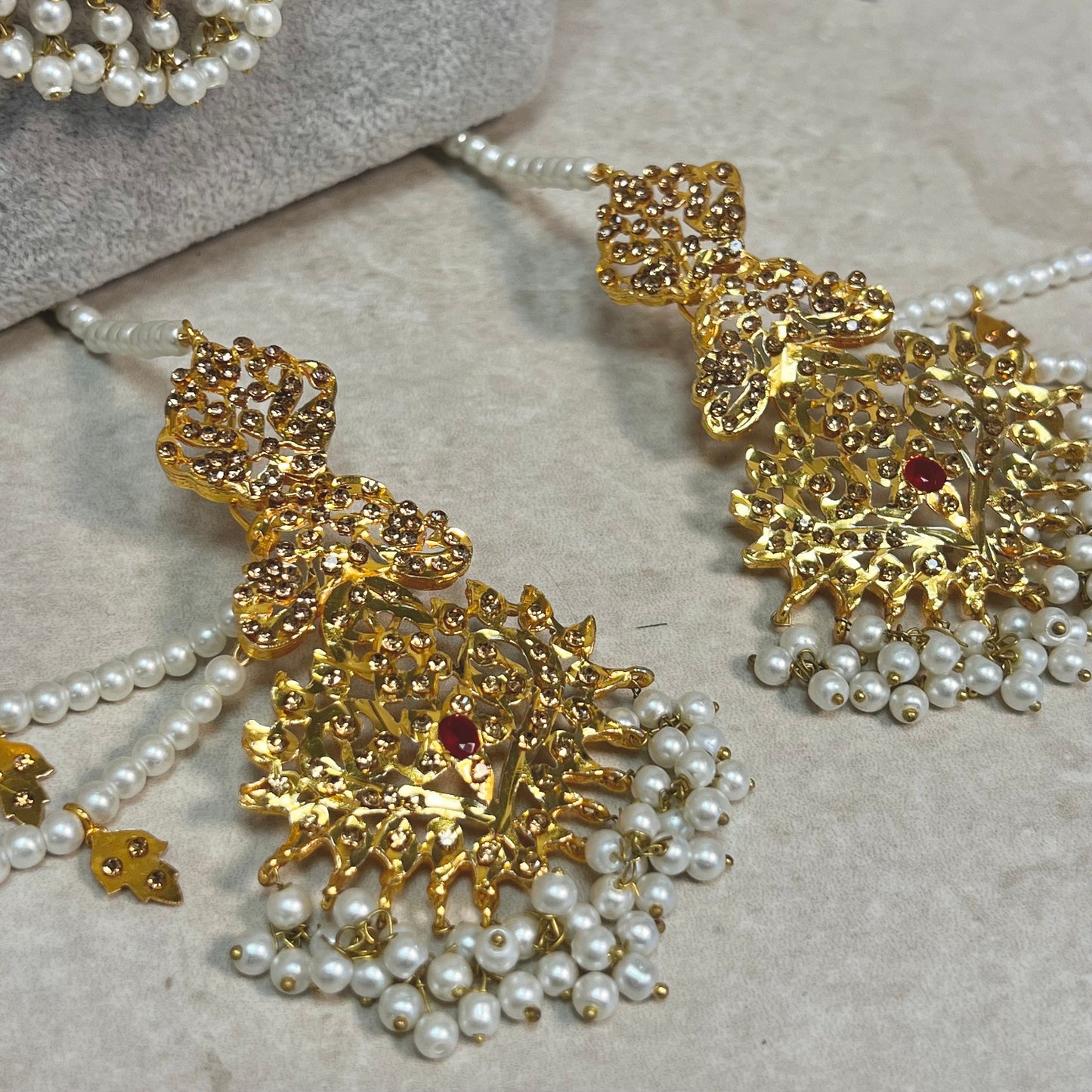 Gold Plated Pearl Bridal Choker Set- With Choker, Mala, Jhumka Earring, Tikka, Jhumar/ Indian/ Pakistani Style/ Maroon Detail (Imperfect)