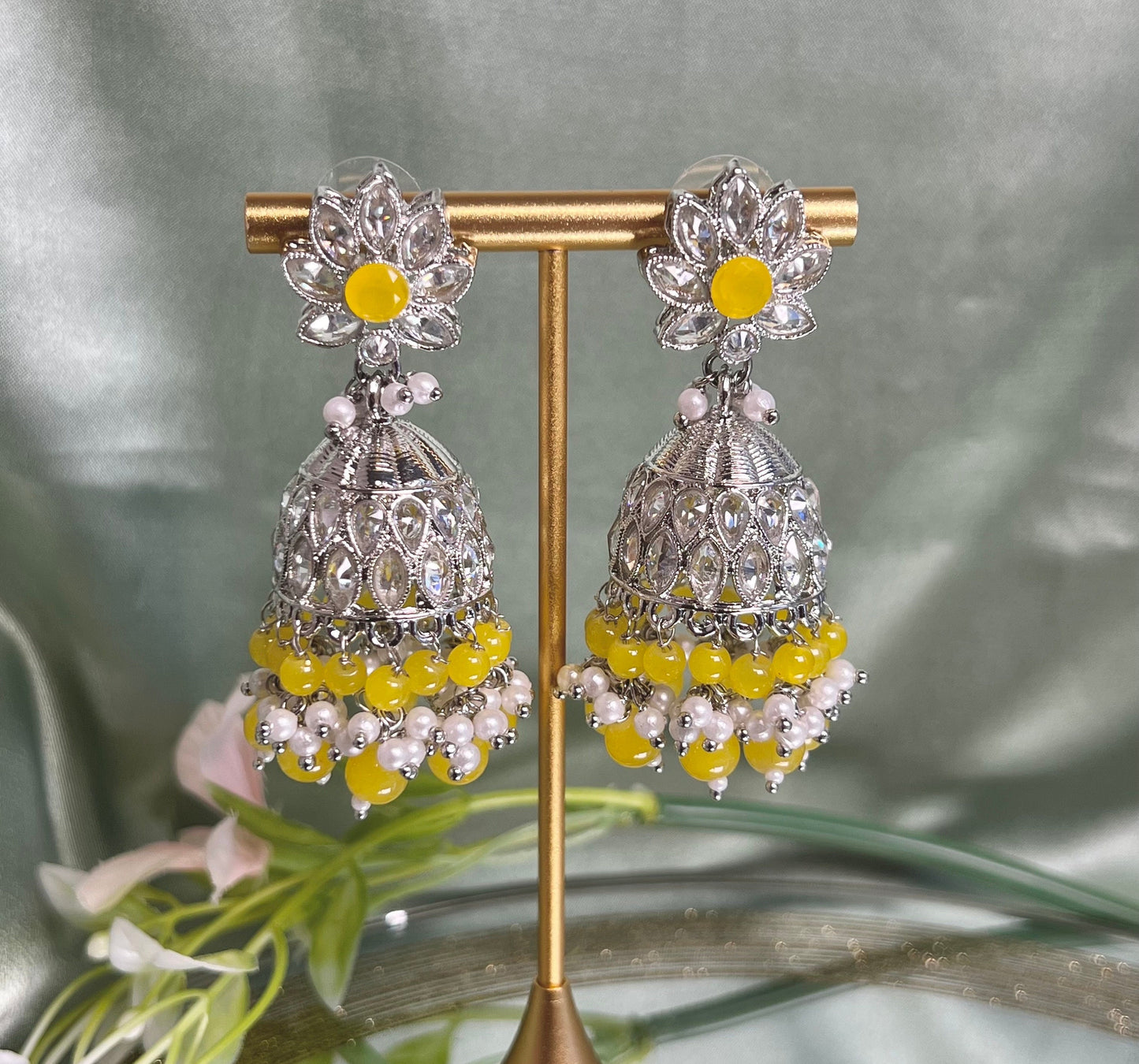 Medium Silver/Yellow Crystal Indian Jhumka Earrings/Jhumkis/ Fashion Jewellery/ Gift for Women/Indian/Valentines gifts