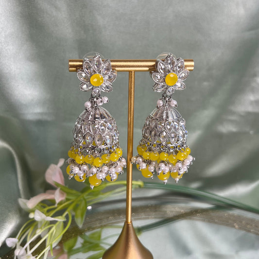 Medium Silver/Yellow Crystal Indian Jhumka Earrings/Jhumkis/ Fashion Jewellery/ Gift for Women/Indian/Valentines gifts