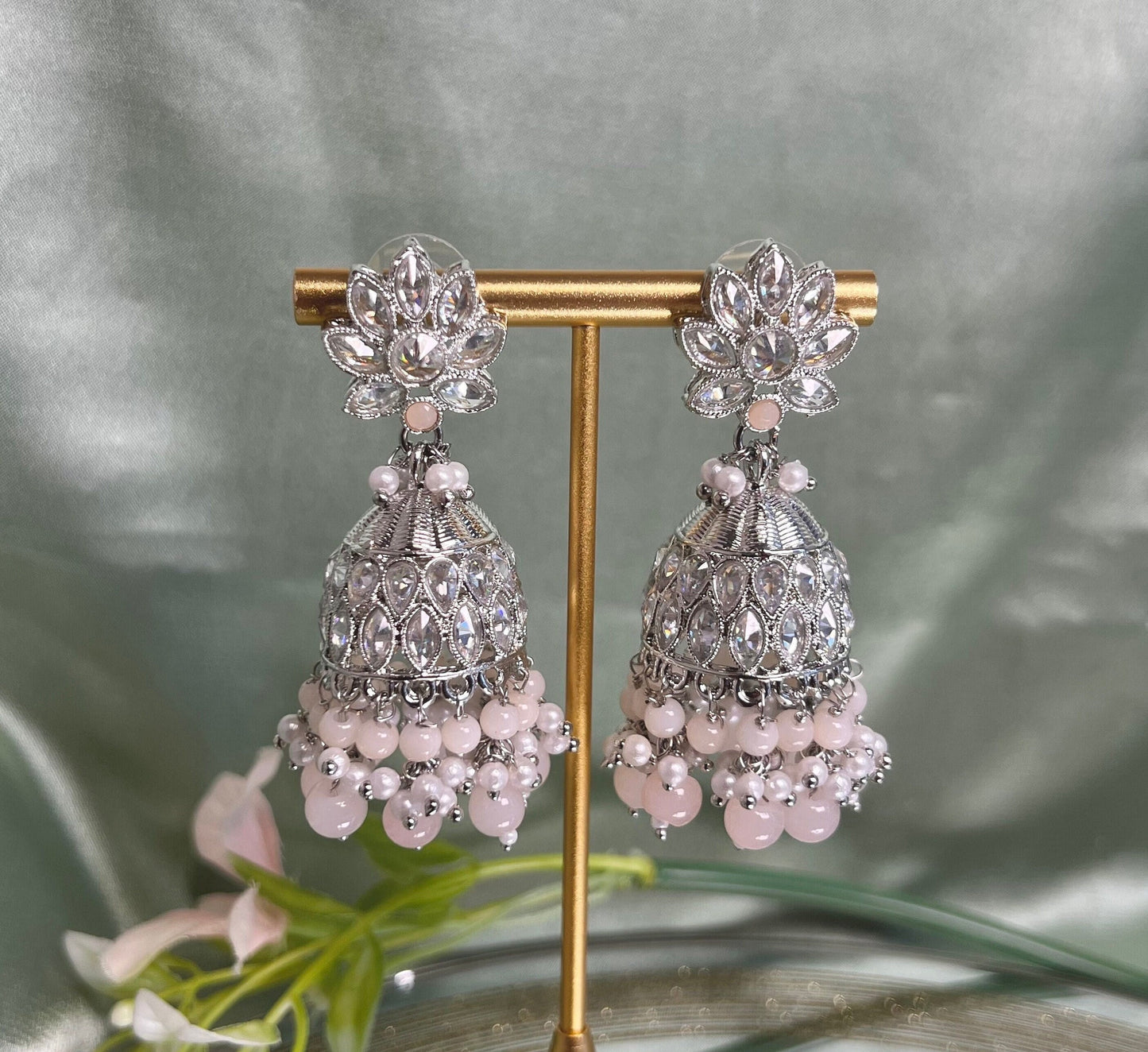 Medium Silver/Light Peach Crystal Indian Jhumka Earrings/Jhumkis/ Fashion Jewellery/ Gift for Women/Indian/Valentines gifts