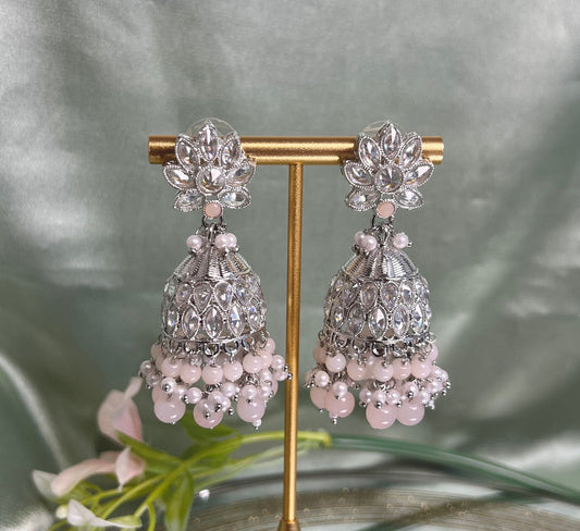 Medium Silver/Light Peach Crystal Indian Jhumka Earrings/Jhumkis/ Fashion Jewellery/ Gift for Women/Indian/Valentines gifts