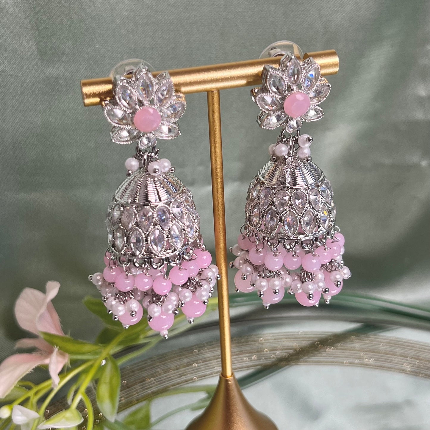 Medium Silver/Pink Crystal Indian Jhumka Earrings/Jhumkis/ Fashion Jewellery/ Gift for Women/Indian/Valentines gifts