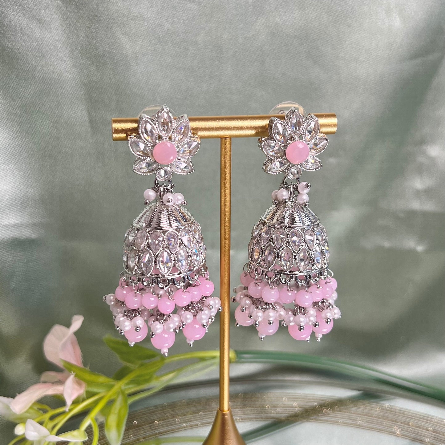 Medium Silver/Pink Crystal Indian Jhumka Earrings/Jhumkis/ Fashion Jewellery/ Gift for Women/Indian/Valentines gifts