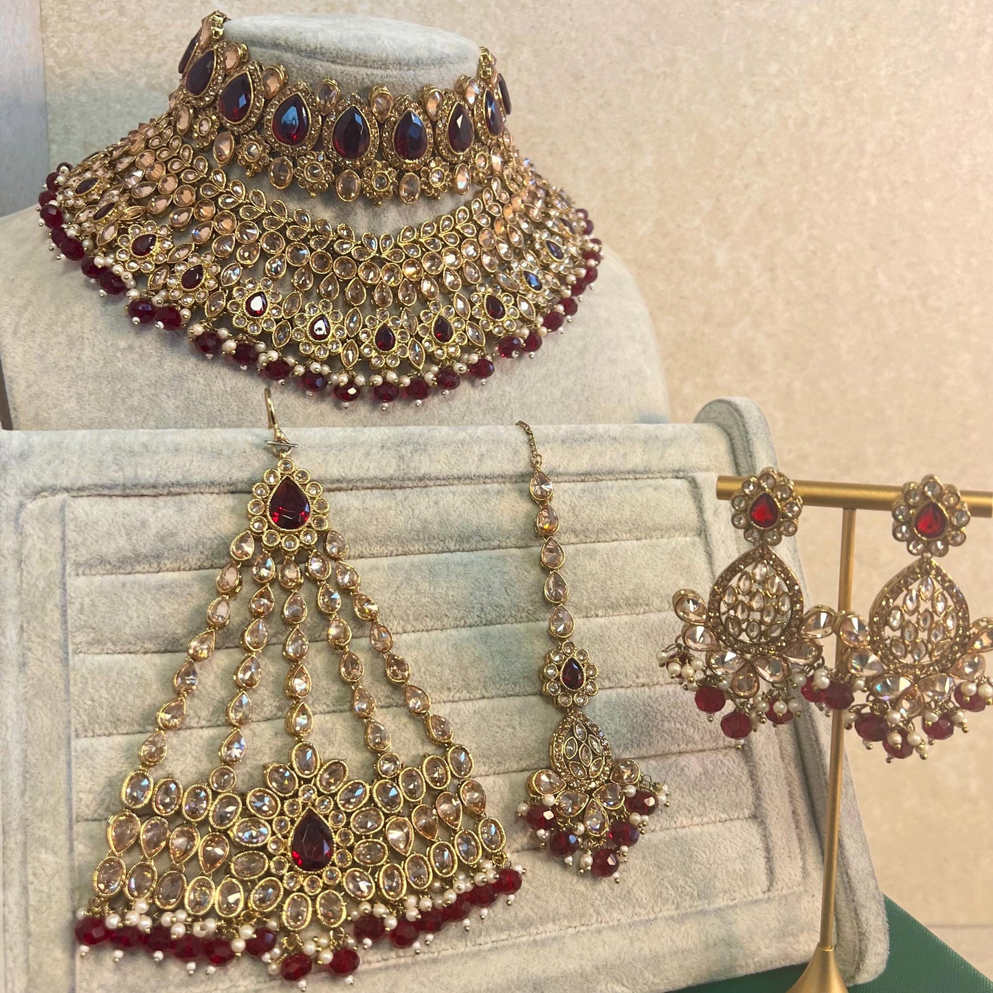 Maroon Bridal Choker Necklace set with Earring, Tikka and Jhumar Indian/ Pakistani Style/ Wedding/ Antique Gold/ Champagne Crystals