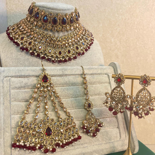 Maroon Bridal Choker Necklace set with Earring, Tikka and Jhumar Indian/ Pakistani Style/ Wedding/ Antique Gold/ Champagne Crystals