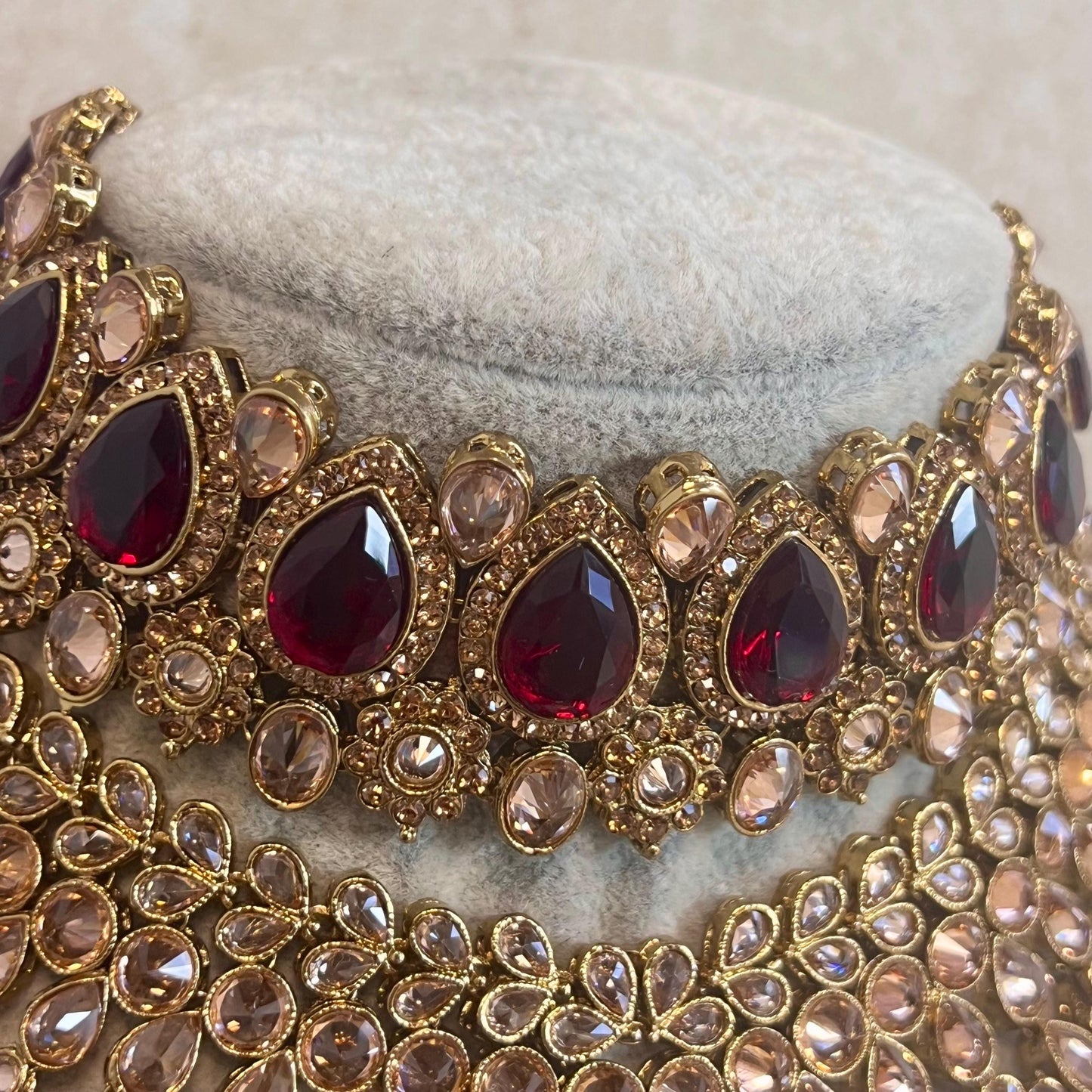 Maroon Bridal Choker Necklace set with Earring, Tikka and Jhumar Indian/ Pakistani Style/ Wedding/ Antique Gold/ Champagne Crystals