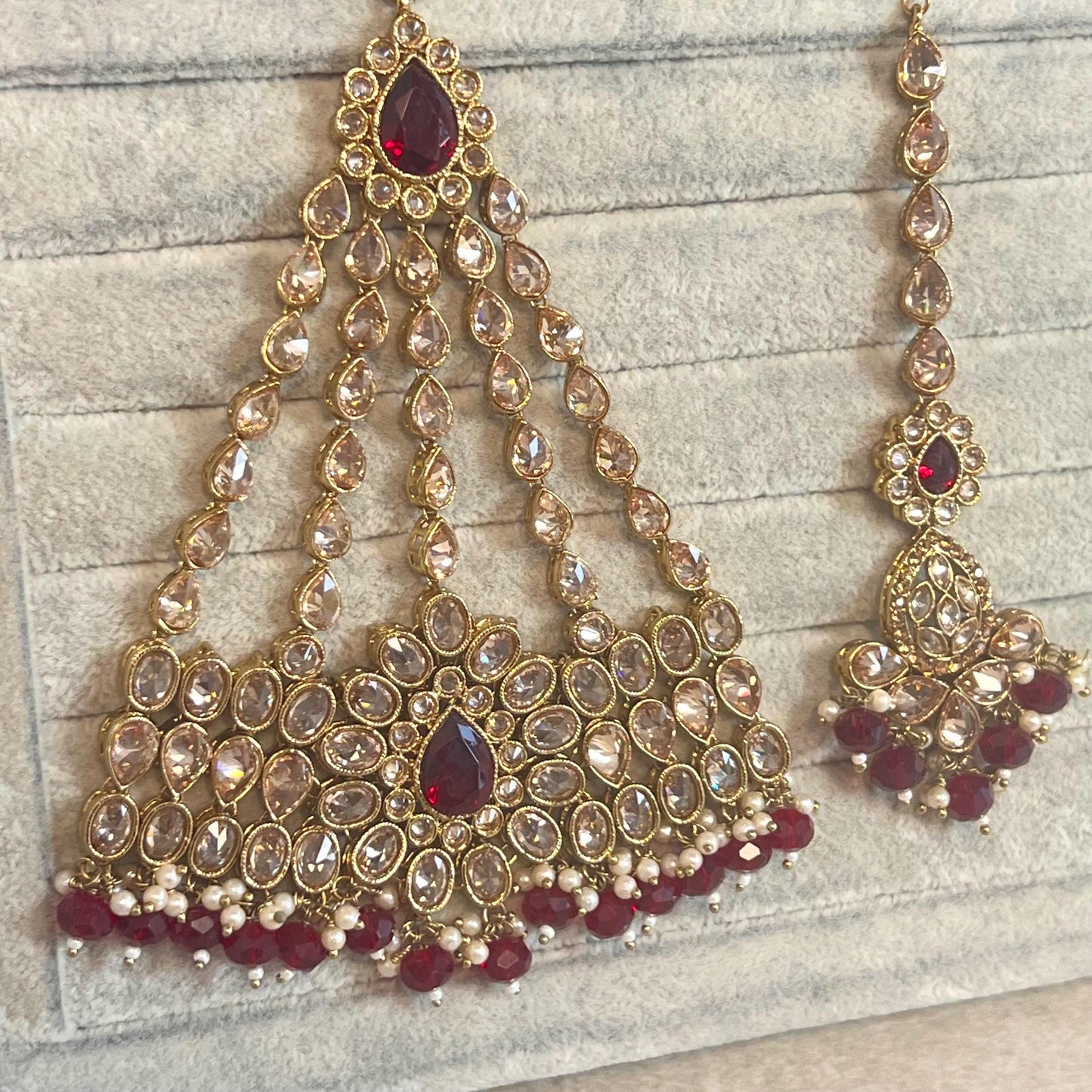 Maroon Bridal Choker Necklace set with Earring, Tikka and Jhumar Indian/ Pakistani Style/ Wedding/ Antique Gold/ Champagne Crystals