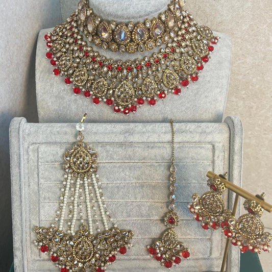 Red Bridal Choker Necklace set with Earring, Tikka and Jhumar Indian/ Pakistani Style/ Wedding/ Antique Gold/ Champagne Crystals
