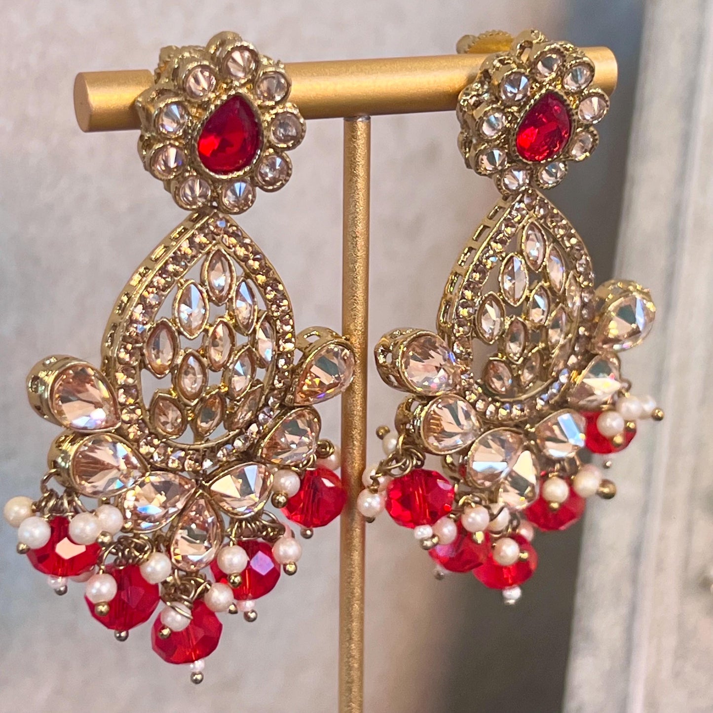 Red Bridal Choker Necklace set with Earring, Tikka and Jhumar Indian/ Pakistani Style/ Wedding/ Antique Gold/ Champagne Crystals