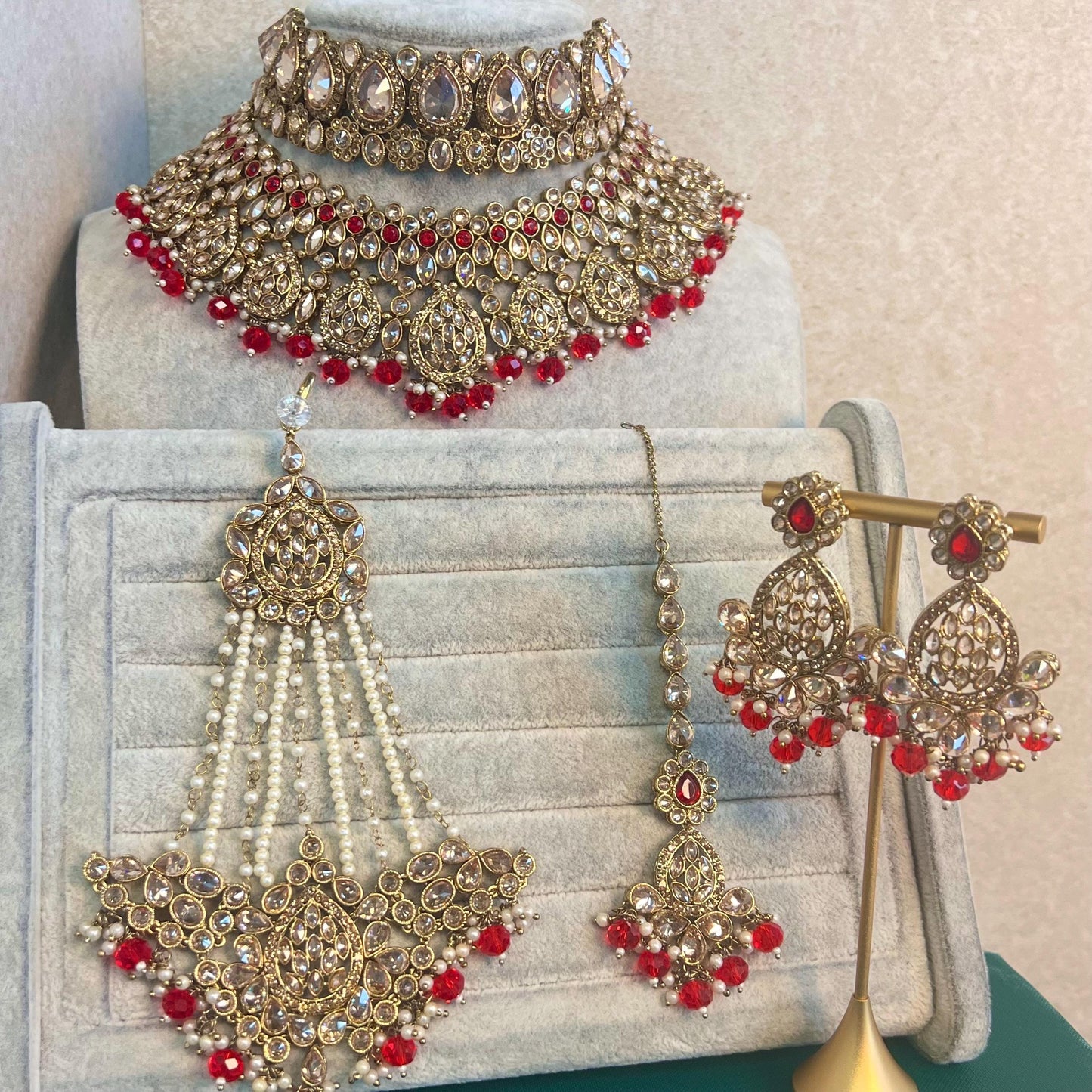 Red Bridal Choker Necklace set with Earring, Tikka and Jhumar Indian/ Pakistani Style/ Wedding/ Antique Gold/ Champagne Crystals