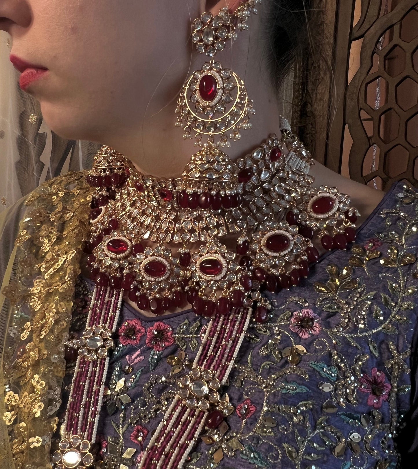 Ruby/ Maroon Full Kundan Gold Plated Style: Bridal Set/ Indian/Pakistani Style/ Choker/ Jhumka Earring/ Tikka/ Sheeshphool/ Hand Harness.