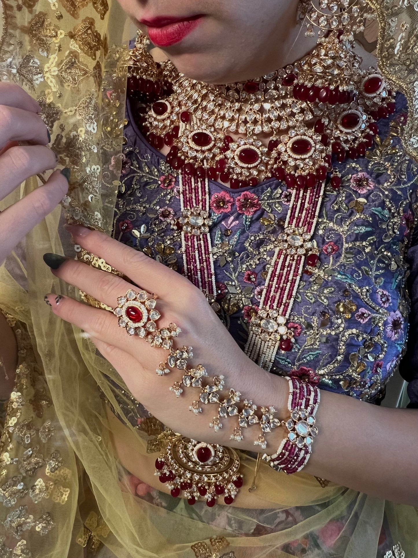 Ruby/ Maroon Full Kundan Gold Plated Style: Bridal Set/ Indian/Pakistani Style/ Choker/ Jhumka Earring/ Tikka/ Sheeshphool/ Hand Harness.