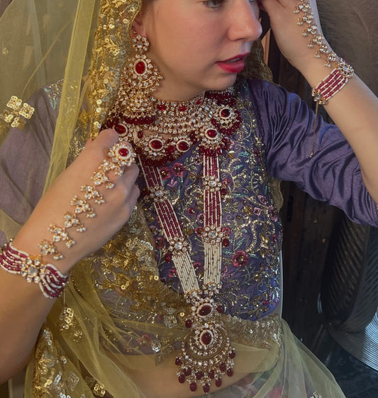 Ruby/ Maroon Full Kundan Gold Plated Style: Bridal Set/ Indian/Pakistani Style/ Choker/ Jhumka Earring/ Tikka/ Sheeshphool/ Hand Harness.