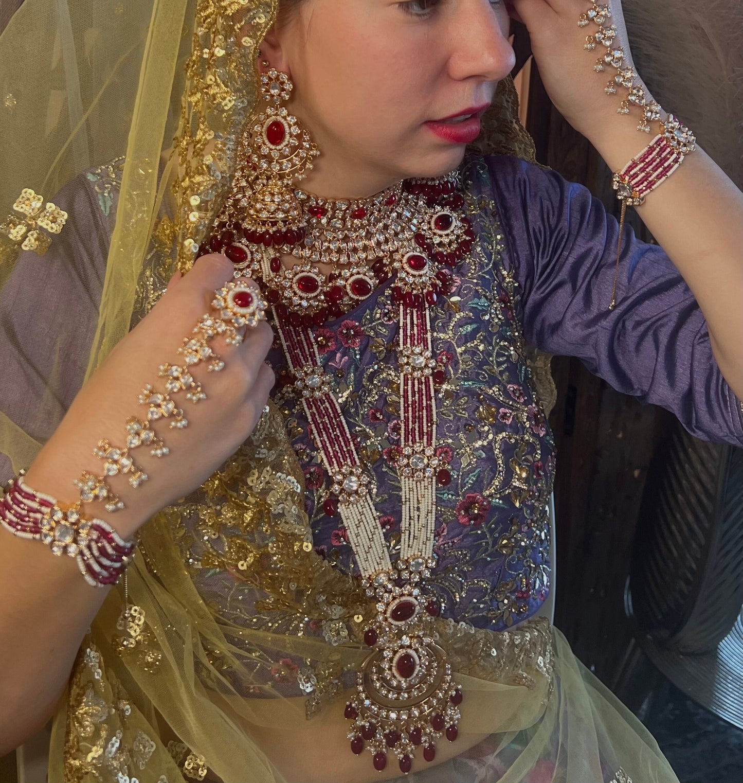 Ruby/ Maroon Full Kundan Gold Plated Style: Bridal Set/ Indian/Pakistani Style/ Choker/ Jhumka Earring/ Tikka/ Sheeshphool/ Hand Harness.