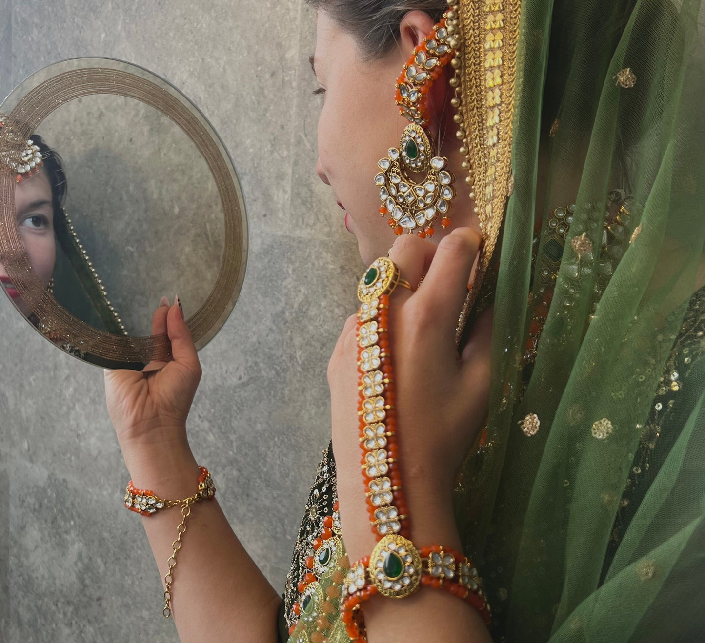 Faux Kundan Mendhi Colour Bridal Set/ Full Bridal Set/ Indian/ Pakistani Style/Necklace/ Choker/ Earring/ Tikka/ Mathapatti/Mala/Jhumar