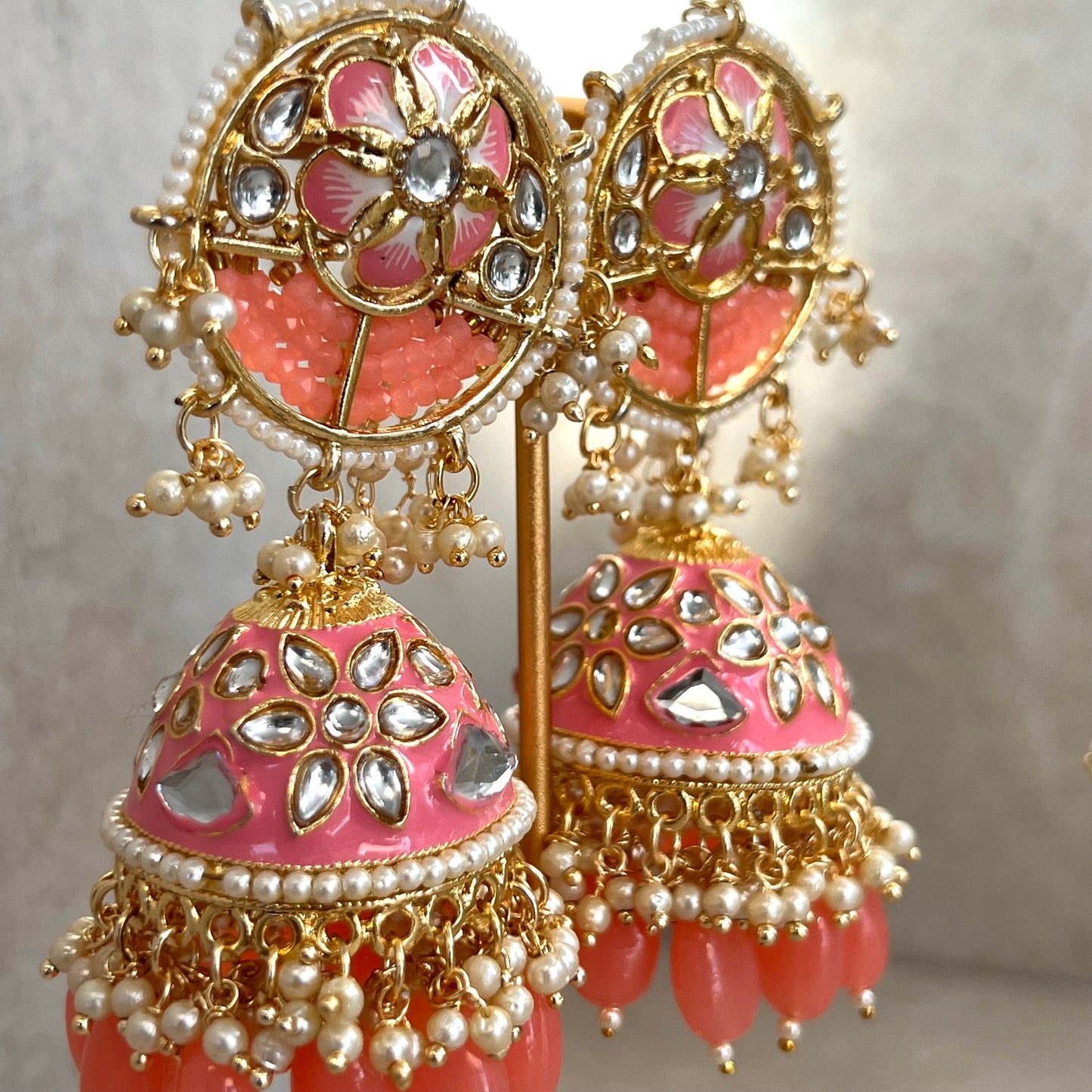 Pink/ Coral Jhumka Earring/ Meenakari/ Indian/ Pakistani Style/ Hand Painted/ Gift for women/Faux Kundan