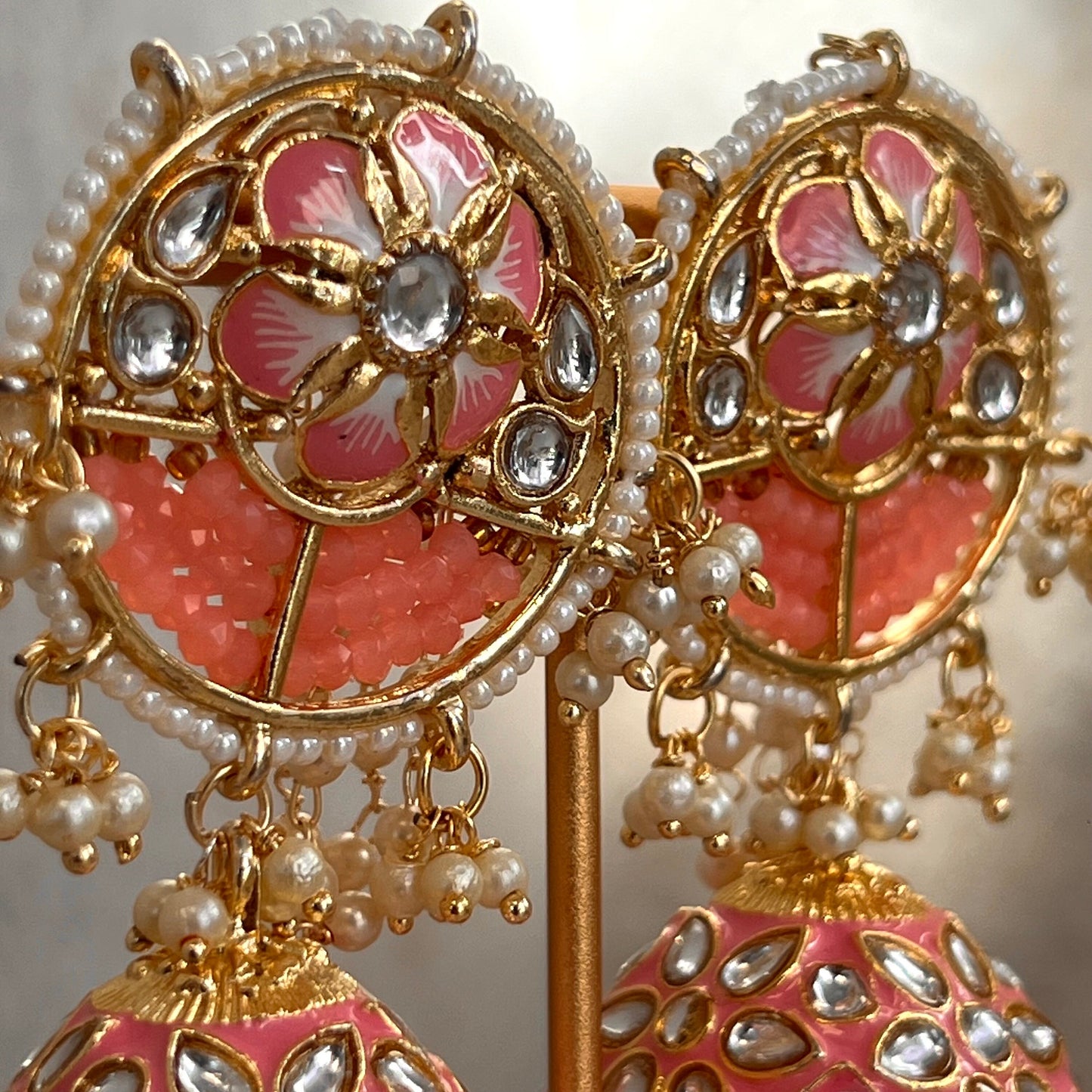Pink/ Coral Jhumka Earring/ Meenakari/ Indian/ Pakistani Style/ Hand Painted/ Gift for women/Faux Kundan