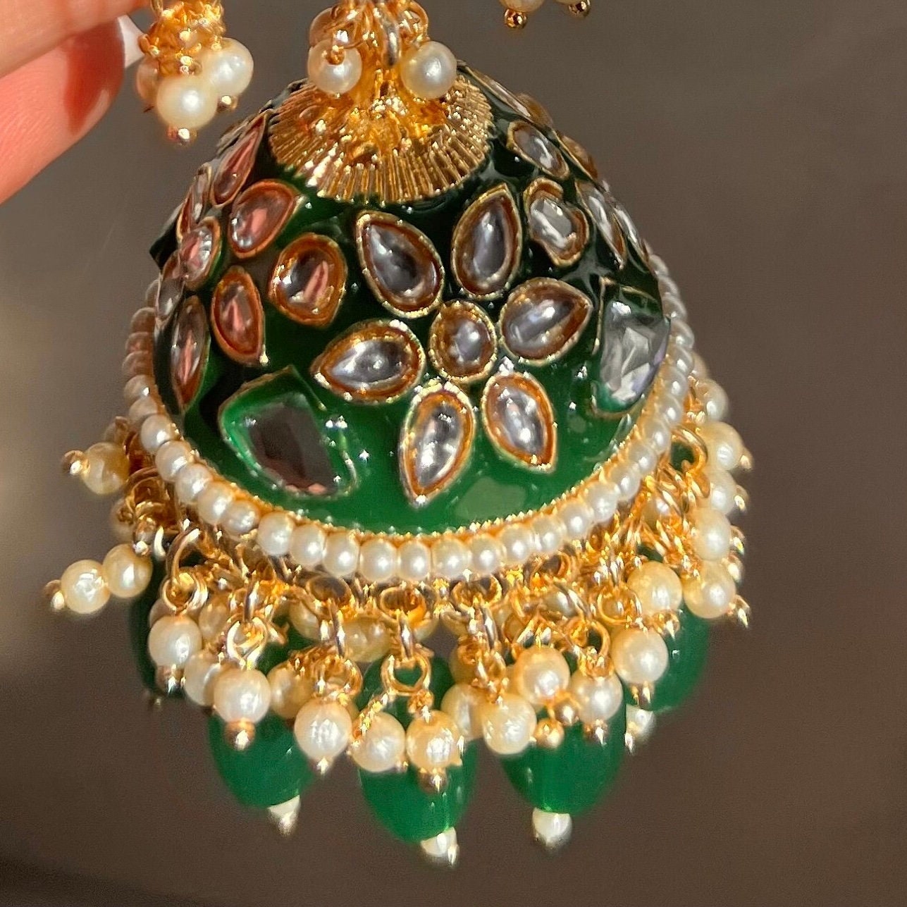 Green Jhumka Earring/ Meenakari/ Indian/ Pakistani Style/ Hand Painted/ Gift for women/Faux Kundan