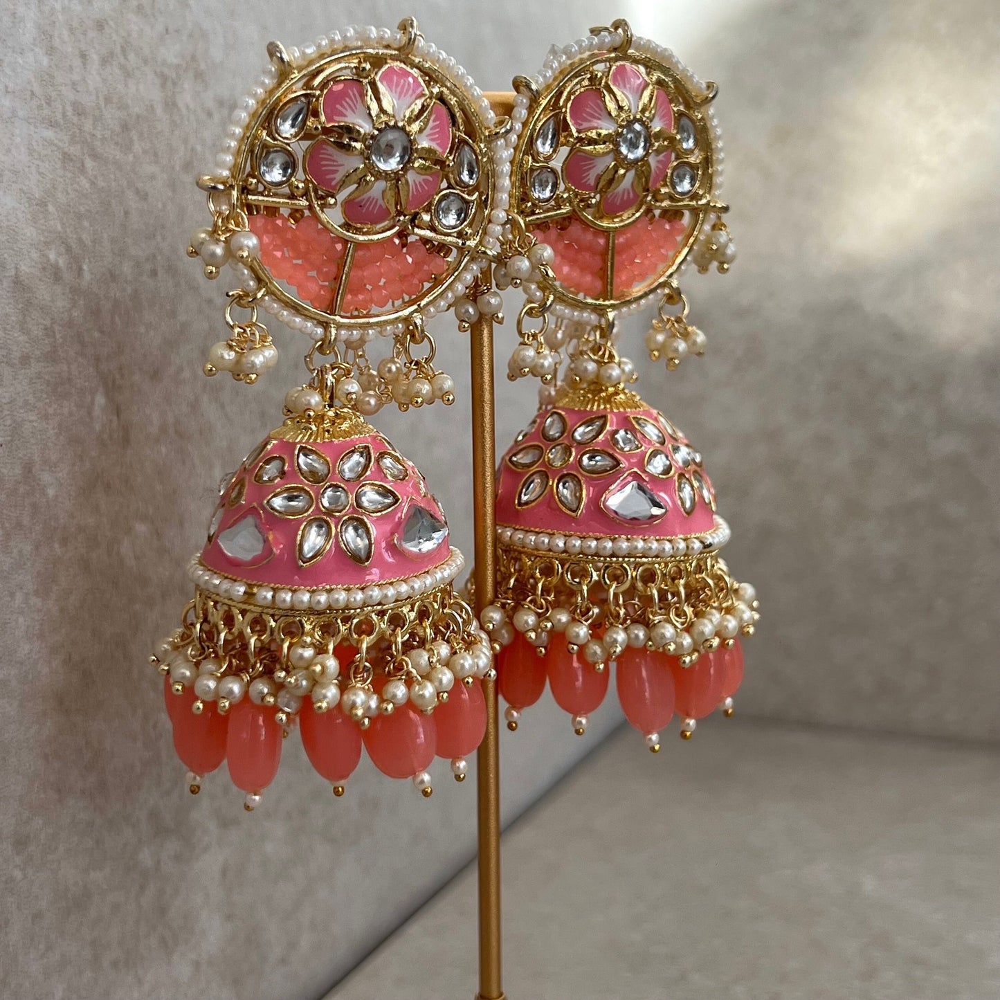 Pink/ Coral Jhumka Earring/ Meenakari/ Indian/ Pakistani Style/ Hand Painted/ Gift for women/Faux Kundan