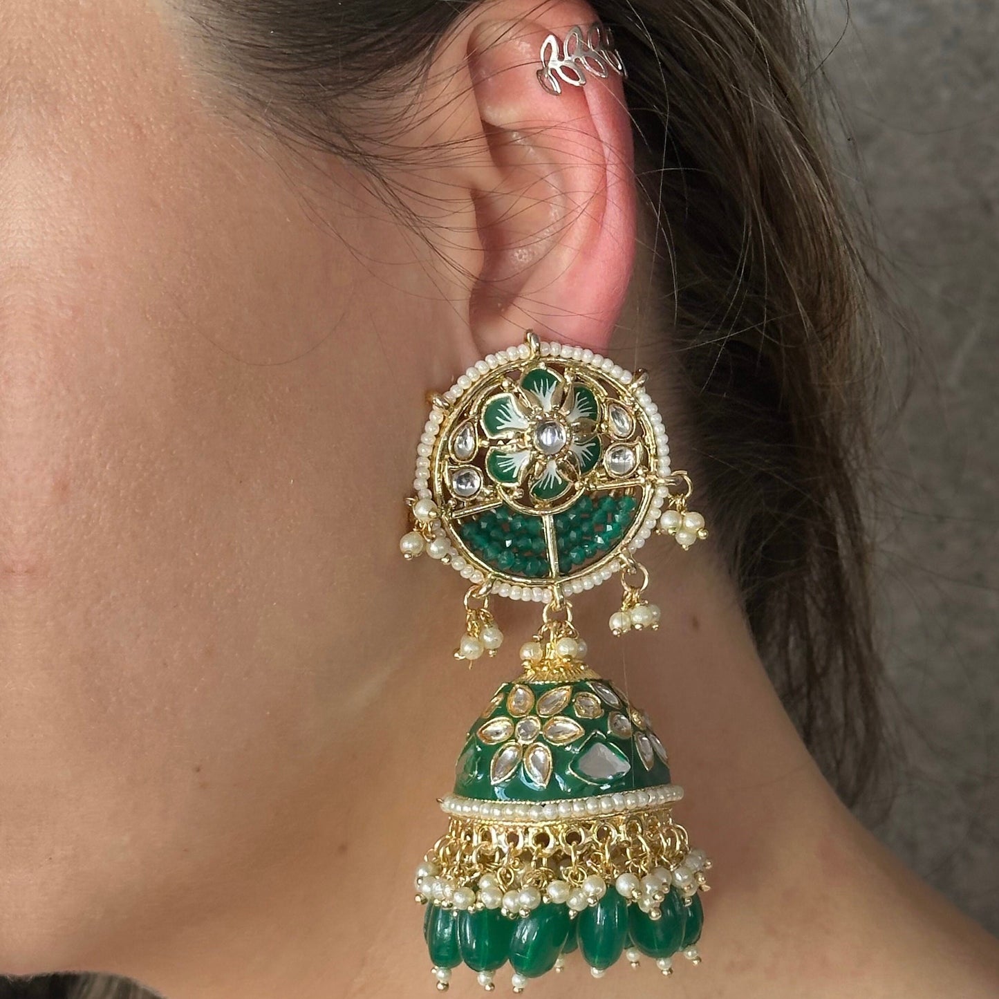 Green Jhumka Earring/ Meenakari/ Indian/ Pakistani Style/ Hand Painted/ Gift for women/Faux Kundan